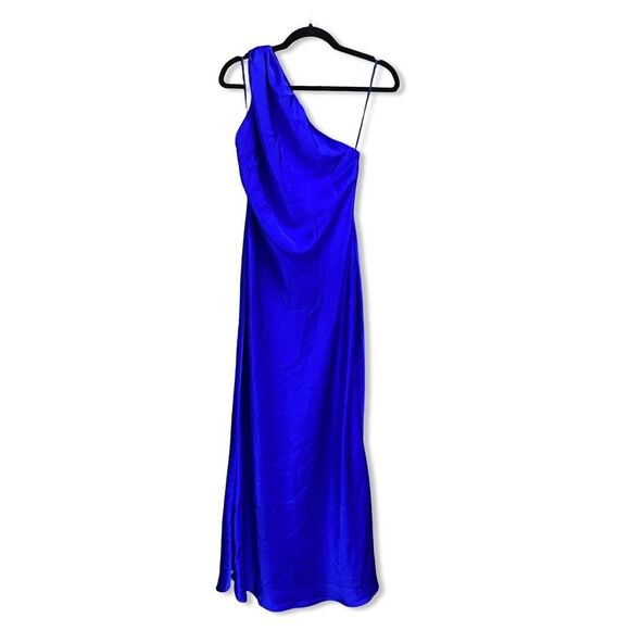 MISHA Alastair Satin Gown Electric Blue sash one shoulder satin maxi Revolve 6 - Picture 6 of 9